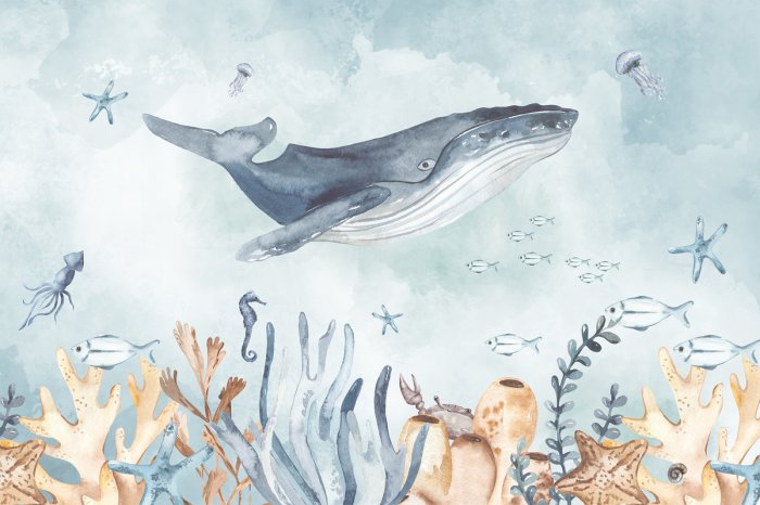 Papier peint  Monde marin avec baleine et animaux style aquarelle illustration pour enfants