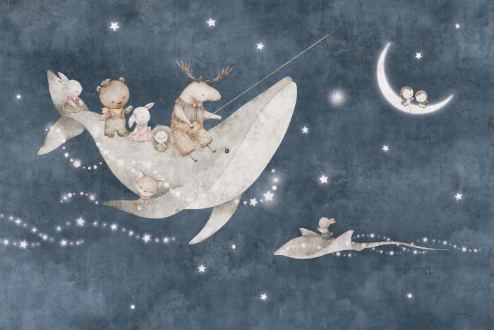 Papier peint  Animaux et baleine sur fond de ciel nocturne avec lune