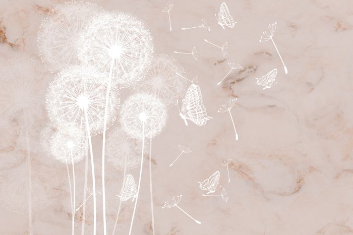 Papier peint  Papillons et pissenlits blancs sur fond en marbre motif botanique