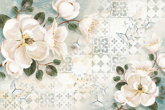 Papier peint  Motif botanique avec fleurs blanches et papillons sur fond en mosaïque
