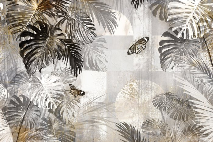 Papier peint  Motif botanique avec papillons et feuilles tropicales de monstera