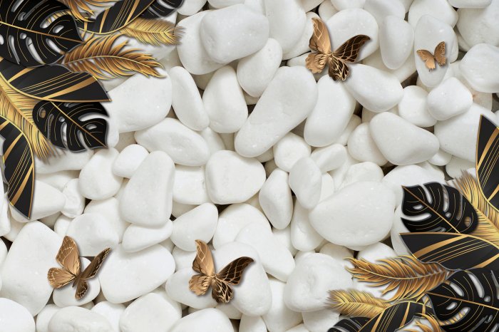 Papier peint  Papillons et feuilles exotiques 3D sur fond de pierres blanches
