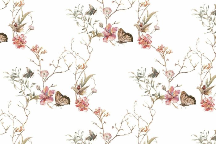 Papier peint  Fleurs et papillons sur des branches style aquarelle illustration délicate