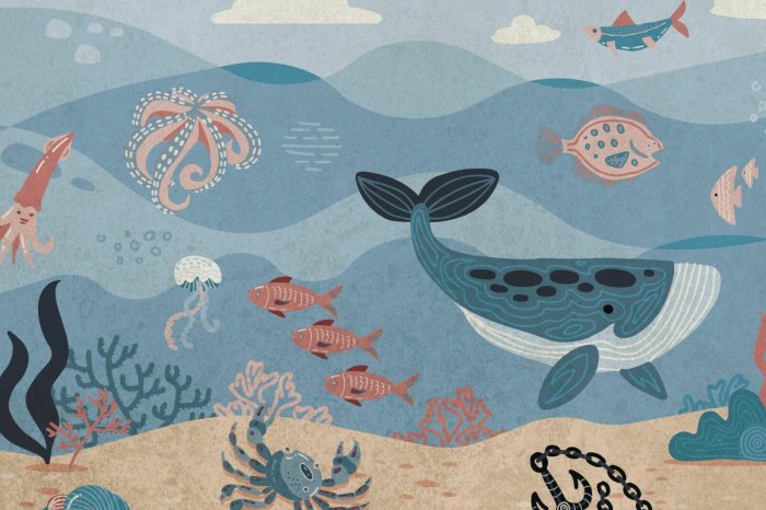 Papier peint  Monde sous-marin avec animaux marins motif féerique pour enfants