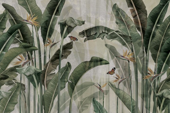Papier peint  Feuilles de strelitzia et papillons motif botanique tropical