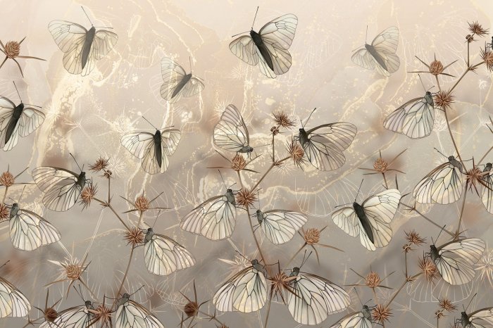 Papier peint  Abstraction moderne papillons et plantes sauvages des champs sur fond texturé