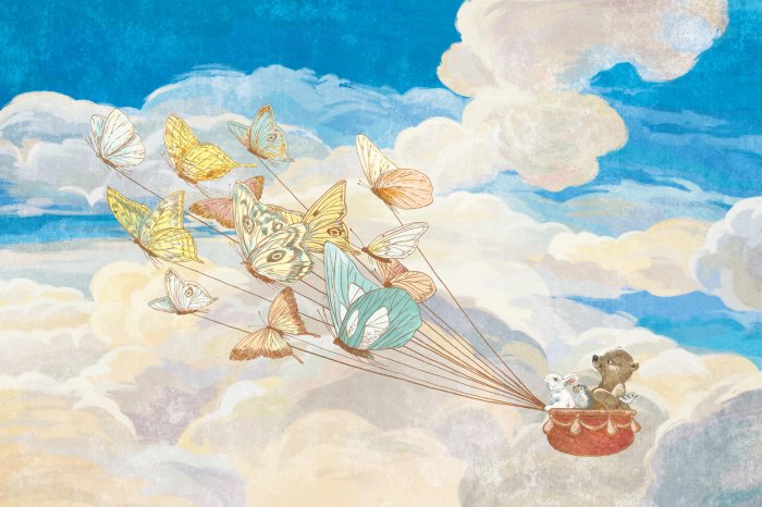 Papier peint  Motif pour enfants avec papillons et animaux volants sur fond de ciel