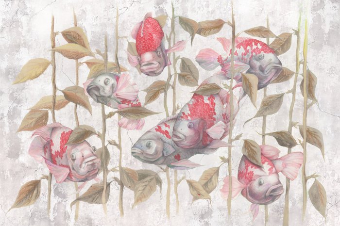 Papier peint  Motif botanique avec poissons et verdure sur fond bétonné avec effet de texture