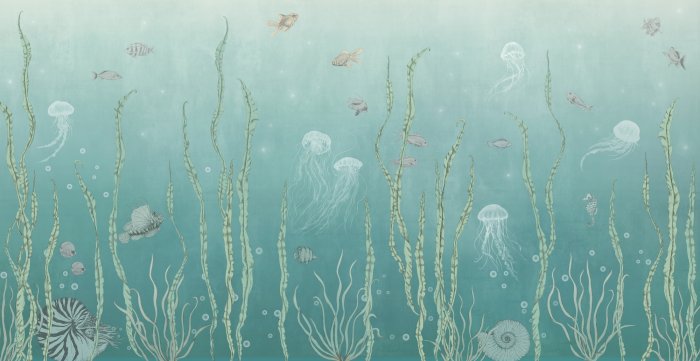 Papier peint  Poissons et méduses parmi les plantes vertes paysage marin sous-marin