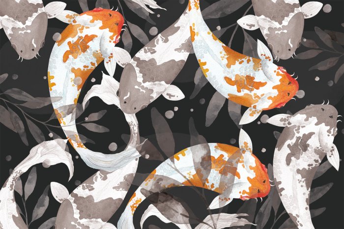 Papier peint  Poissons koi et feuilles sur fond sombre motif aquarelle
