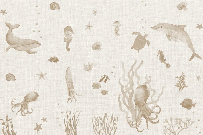 Papier peint  Poissons et animaux parmi les plantes monde sous-marin motif minimaliste pour enfants