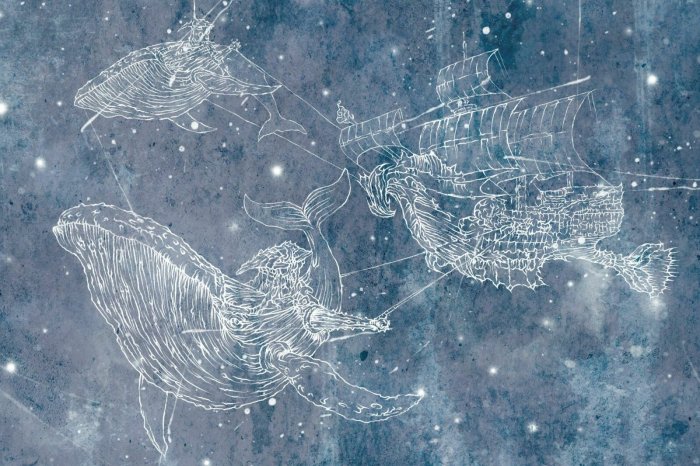 Papier peint  Navire avec des baleines sur ciel étoilé motif abstrait pour enfants