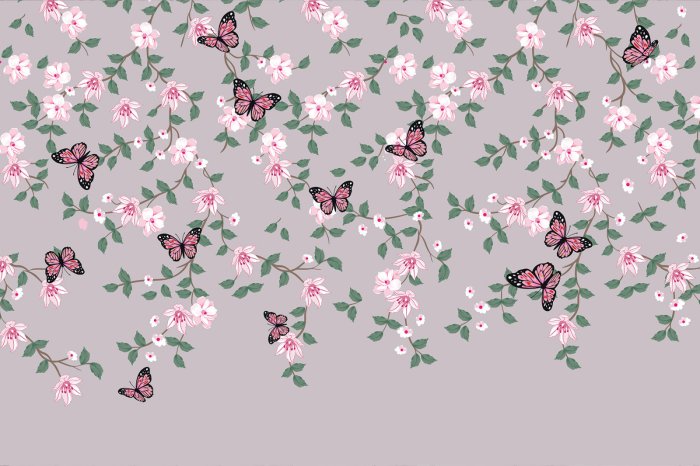 Papier peint  Motif botanique avec papillons roses et fleurs avec des feuilles dans des tons de vert