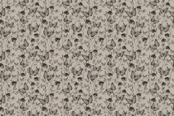 Papier peint  Papillons parmi les fleurs des champs, motif botanique rétro monochrome