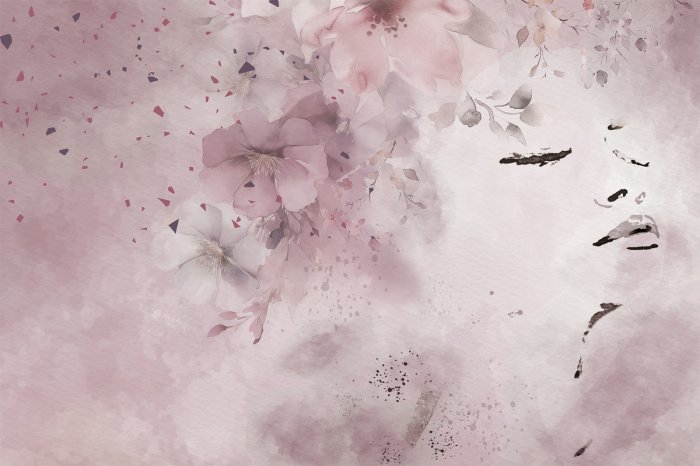 Papier peint  Portrait romantique d'une femme entourée de fleurs en aquarelle dans un rose doux