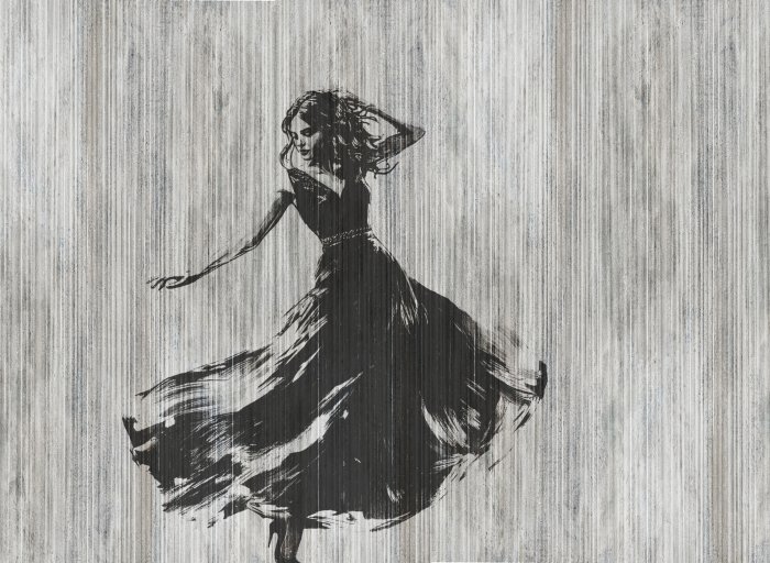 Papier peint  Femme dansante abstraction sur fond texturé avec des rayures