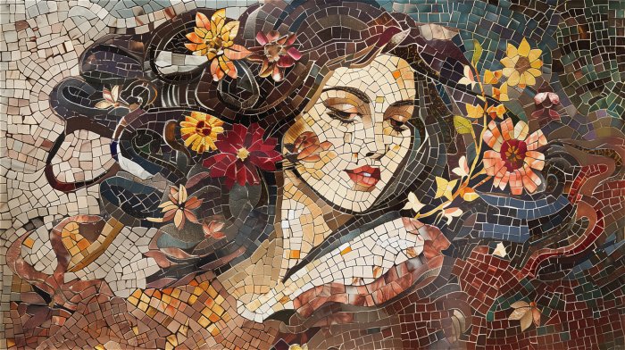 Papier peint  Mosaïque abstraite moderne d’un portrait féminin avec des fleurs