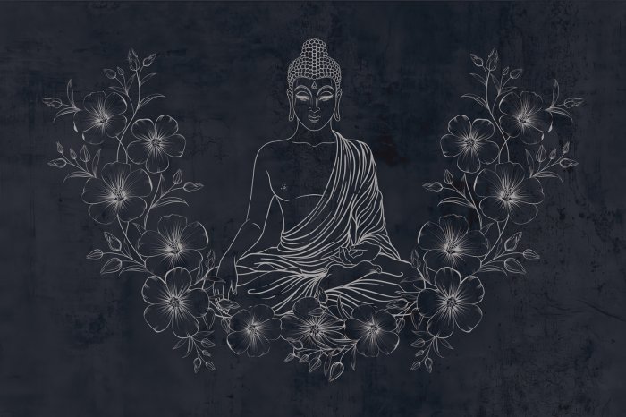 Papier peint  Bouddha méditant parmi les fleurs sur un fond texturé