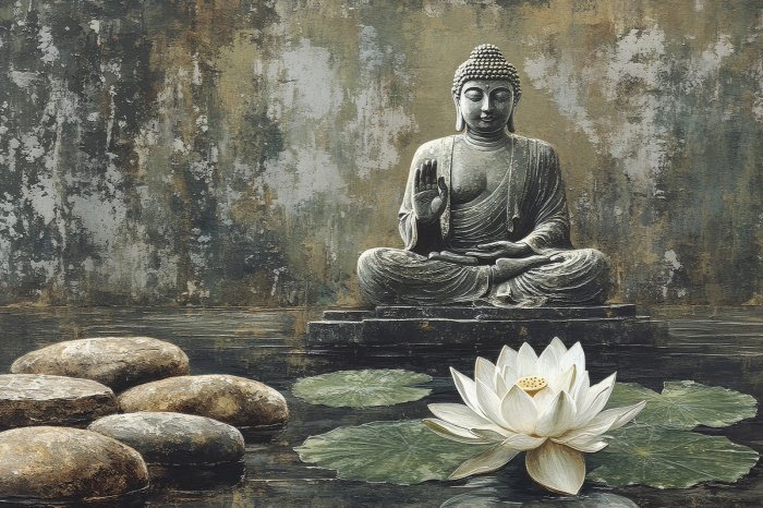 Papier peint  Bouddha et lotus blanc sur fond de béton texturé