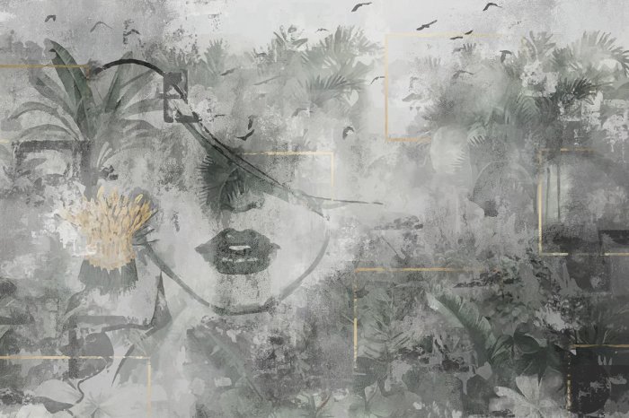 Papier peint  Portrait abstrait d'une femme avec des plantes tropicales sur fond de béton