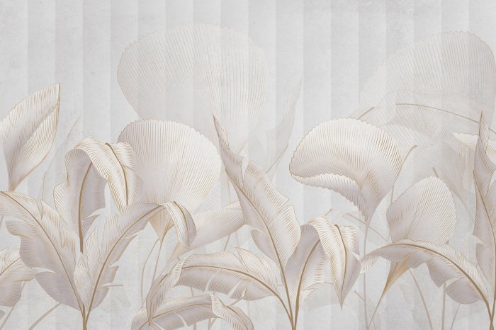 Papier peint  Feuilles tropicales sur fond à rayures claires avec texture dans un style élégant