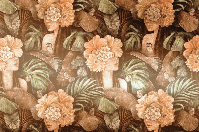 Papier peint  Portrait de femme avec des fleurs sur la tête motif vintage tropical