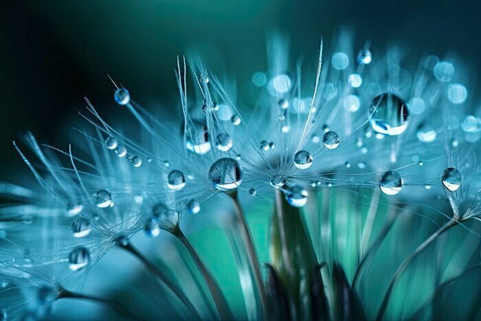 Papier peint  Dandelion Seeds in droplets of water on blue and turquoise beautiful background with soft focus in nature macro.