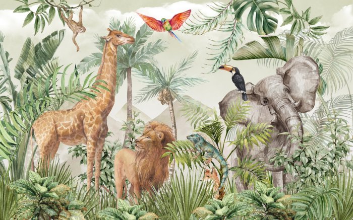 Papier peint  Animaux de safari et oiseaux exotiques dans la jungle tropicale aquarelle