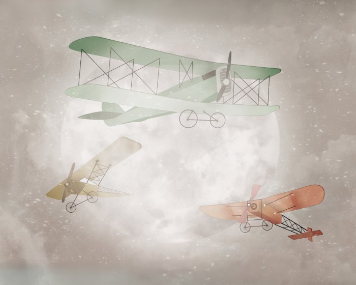 Papier peint  Avion dans un ciel aquarelle avec une pleine lune