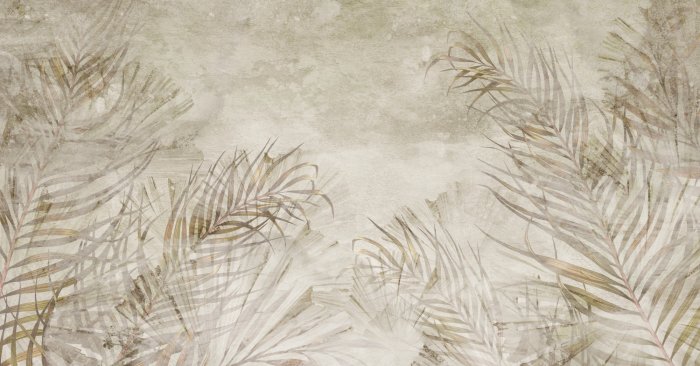 Papier peint  Feuilles de palmier tropicales sur fond béton beige style boho