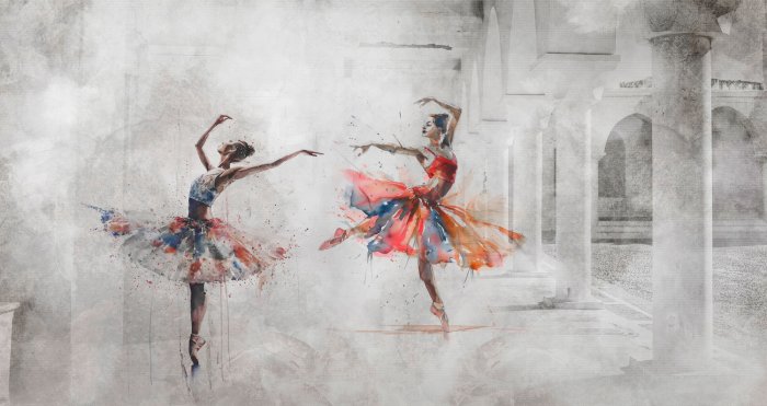 Papier peint  Danse de ballerines en style aquarelle avec des éléments architecturaux