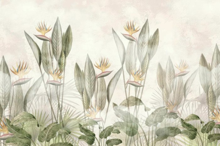 Papier peint  Fleurs et feuilles tropicales à l'aquarelle