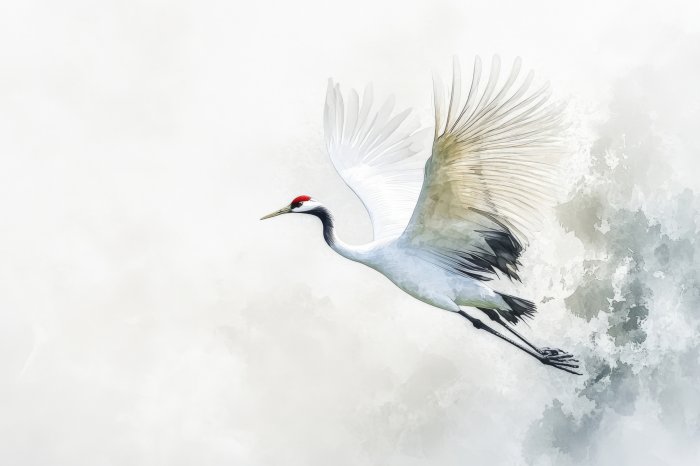 Papier peint  This illustration represents a red-crowned crane flying with open wings in a watercolor painting style