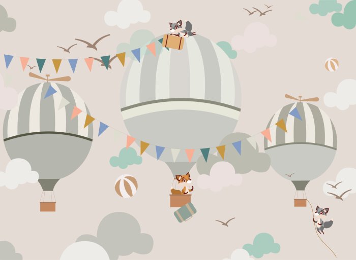 Papier peint  Animaux, renards et ballons dans le ciel