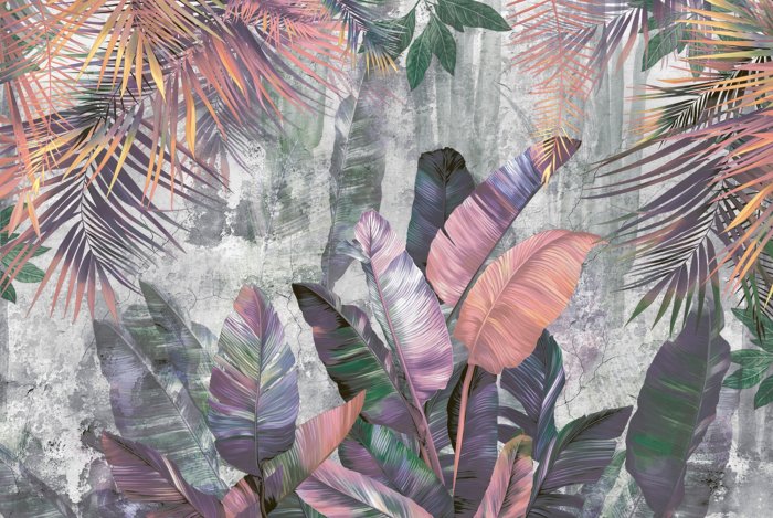 Papier peint  Feuilles colorées de palmier et de bananier sur fond en béton