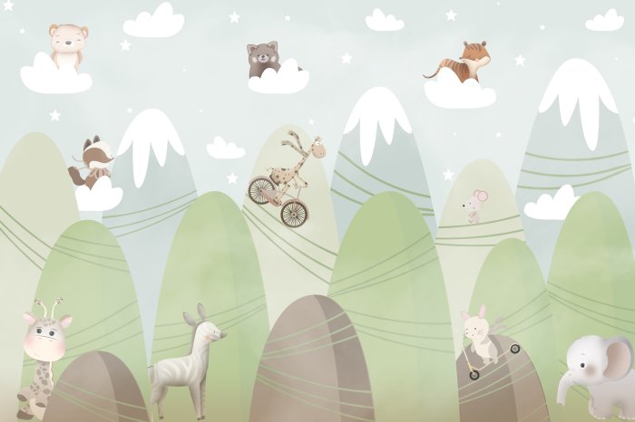 Papier peint  Paysage avec des montagnes animaux sur les nuages ​​paysage de conte de fées
