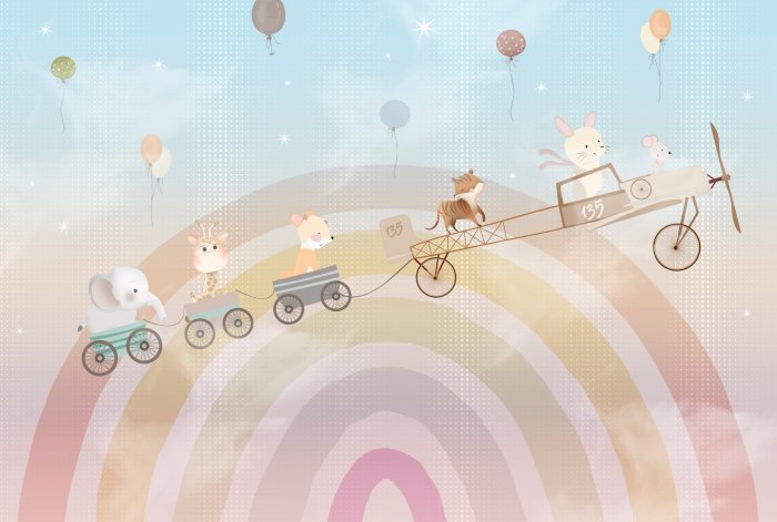 Papier peint  Animaux et ballons sur le fond de l'arc-en-ciel
