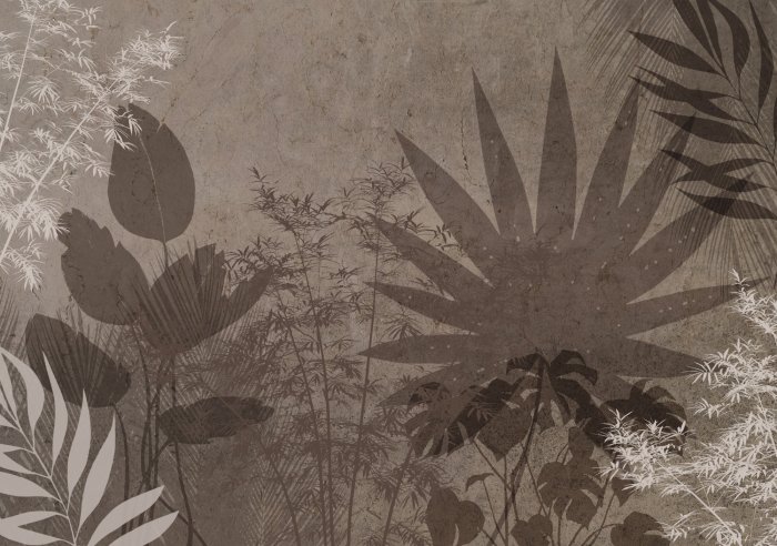 Papier peint  Feuilles tropicales sur fond marron