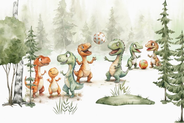 Papier peint  Dinosaures avec un ballon dans une forêt aquarelle