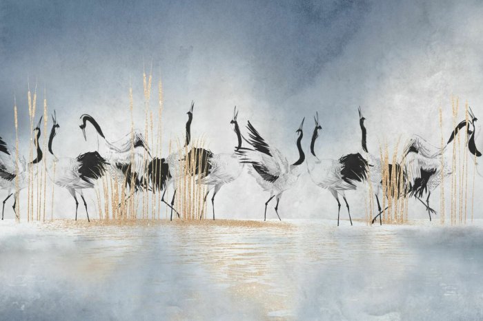 Papier peint  Oiseaux debout sur l'eau avec des herbes