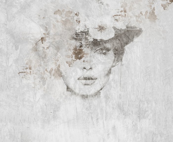 Papier peint  Portrait d'une femme avec un chapeau et des fleurs