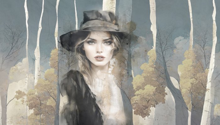 Papier peint  Femme avec un chapeau dans un paysage forestier abstrait