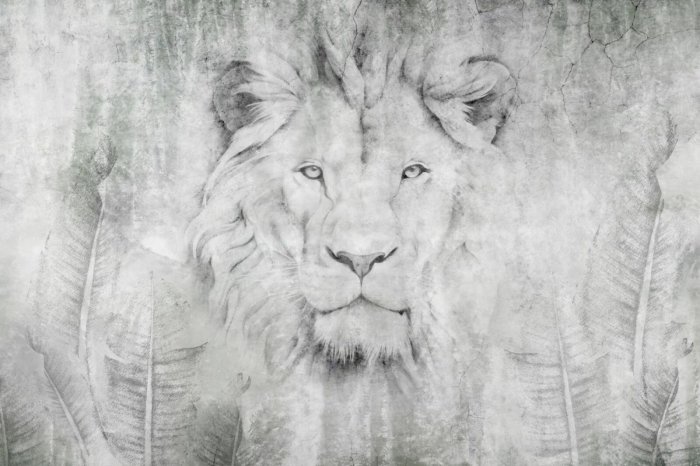 Papier peint  Tête de lion parmi les feuilles sur un mur