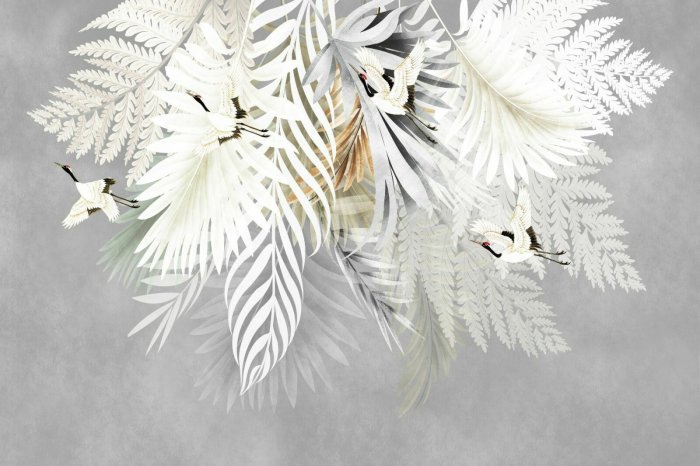 Papier peint  Feuilles de palmier et de fougère parmi les oiseaux