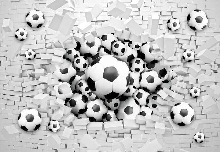 Papier peint  Ballons de football perçant un mur de briques 3D