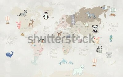 Papier peint  Carte du monde beige avec des animaux
