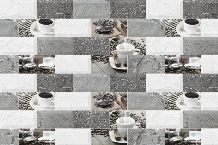 Papier peint  Carreaux de cuisine avec motif de tasses à café et grains