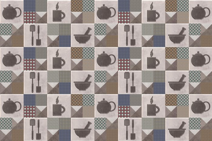 Papier peint  Carreaux carrés avec ustensiles de cuisine