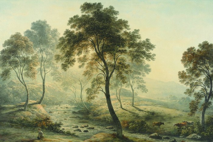 Papier peint  Arbres à feuilles caduques parmi la rivière et les animaux