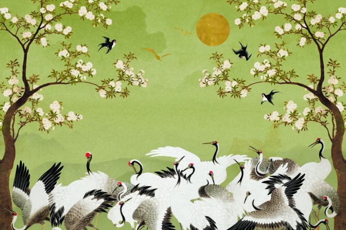 Papier peint  Jardin japonais avec des grues sur fond vert
